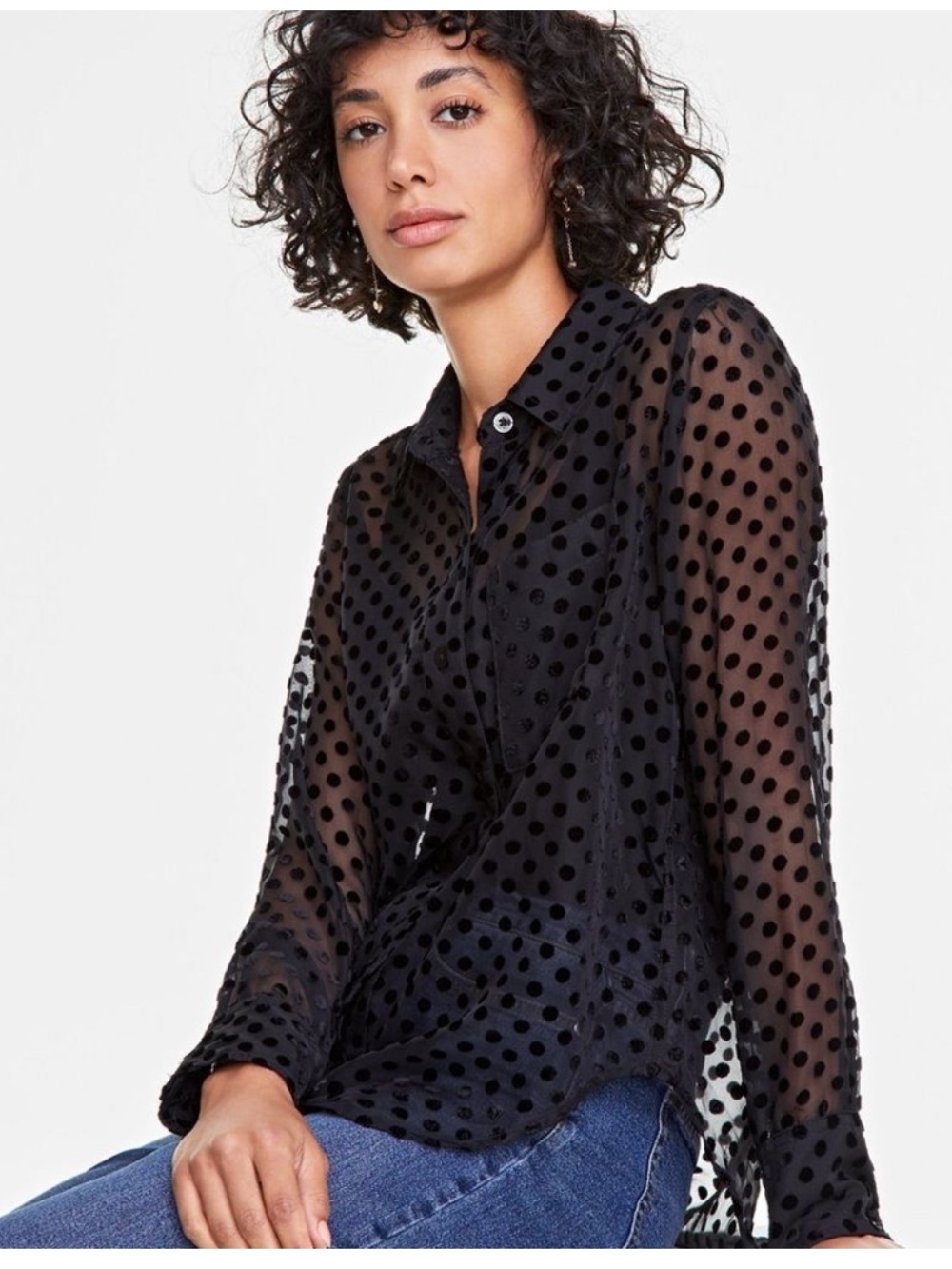 On 34th | NWT Black Chiffon Flocked Polka-Dot Shirt Sz L